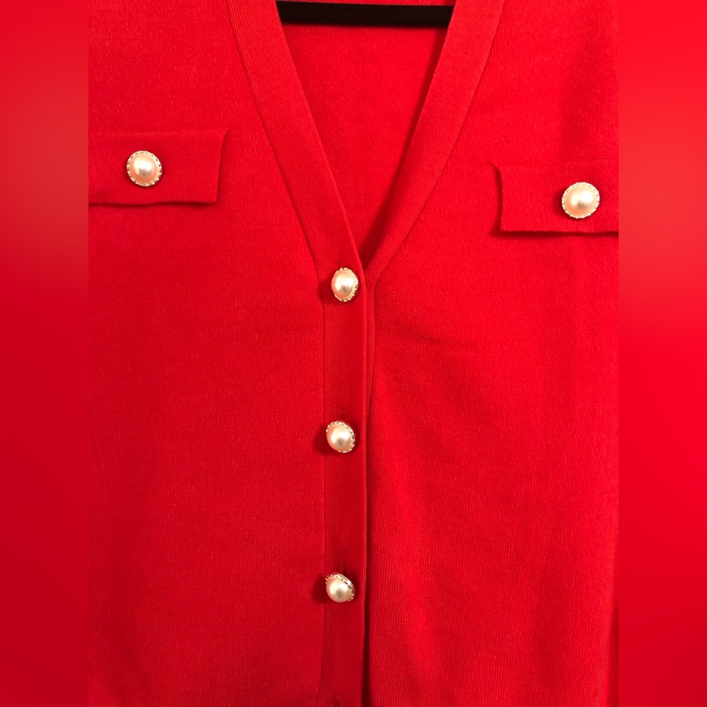 T Tahari Cardigan with Faux Pearl Buttons Hot Coral NWOT - Picture 3 of 5
